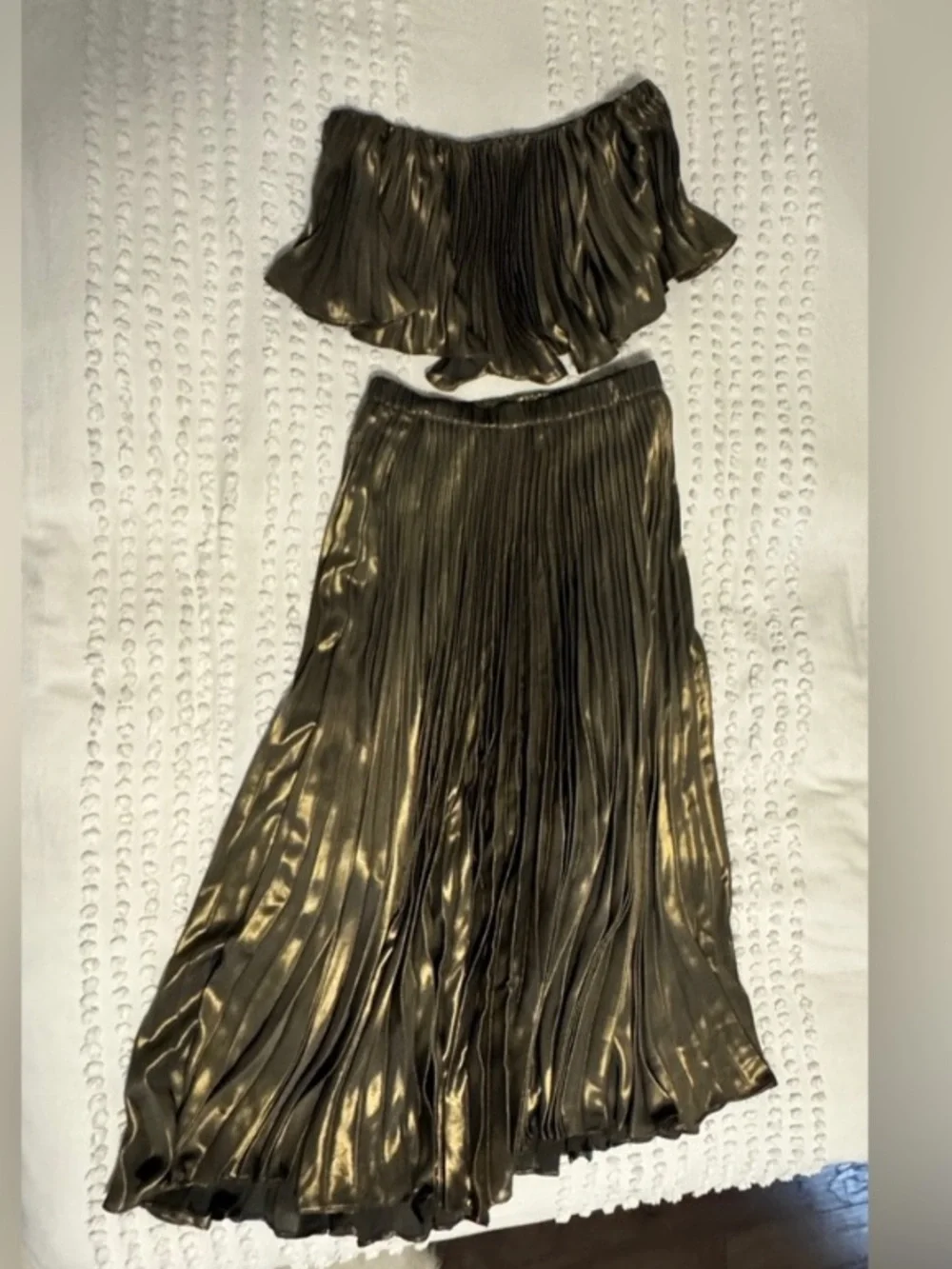New Anthropologie Pleated Metallic Skirt Set Gold Green Cropped Top Midi Maxi 6